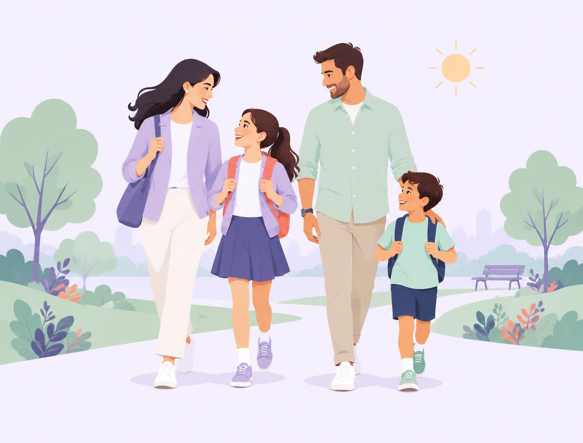 Illustration of parents walking with their two children